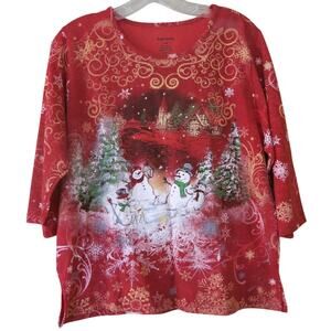 BONWORTH Ugly Christmas Top Size XSP Women's Snowmen Church Snow Flakes Red